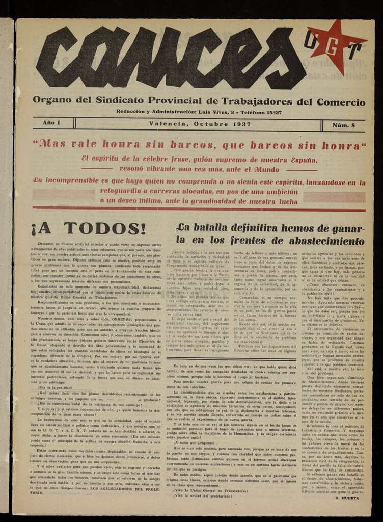 Miniatura de Cauces: Órgano del Sindicato Provincial de Trabajadores del Comercio de octubre de 1937