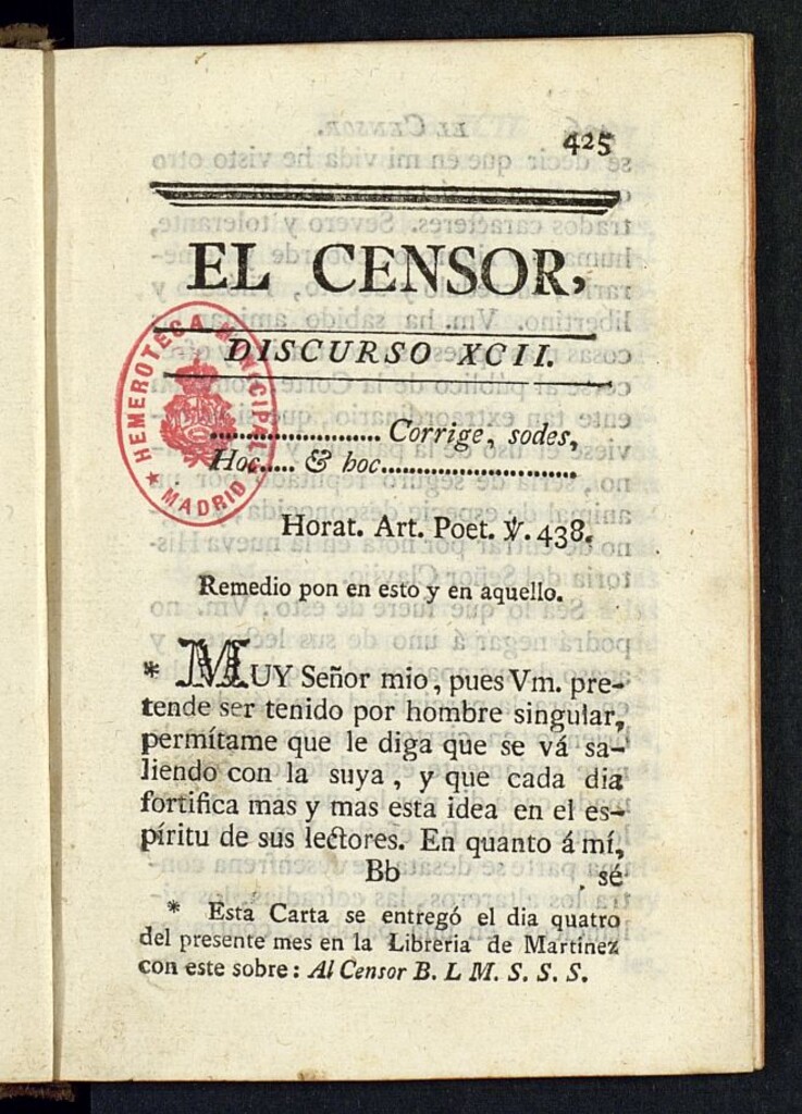 Miniatura de El Censor: obra periódica de 1784, discurso nº 92