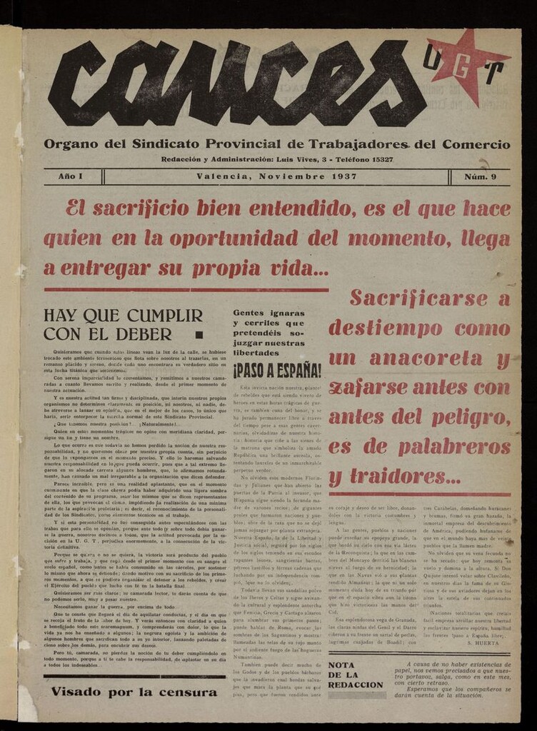 Miniatura de Cauces: Órgano del Sindicato Provincial de Trabajadores del Comercio de noviembre de 1937