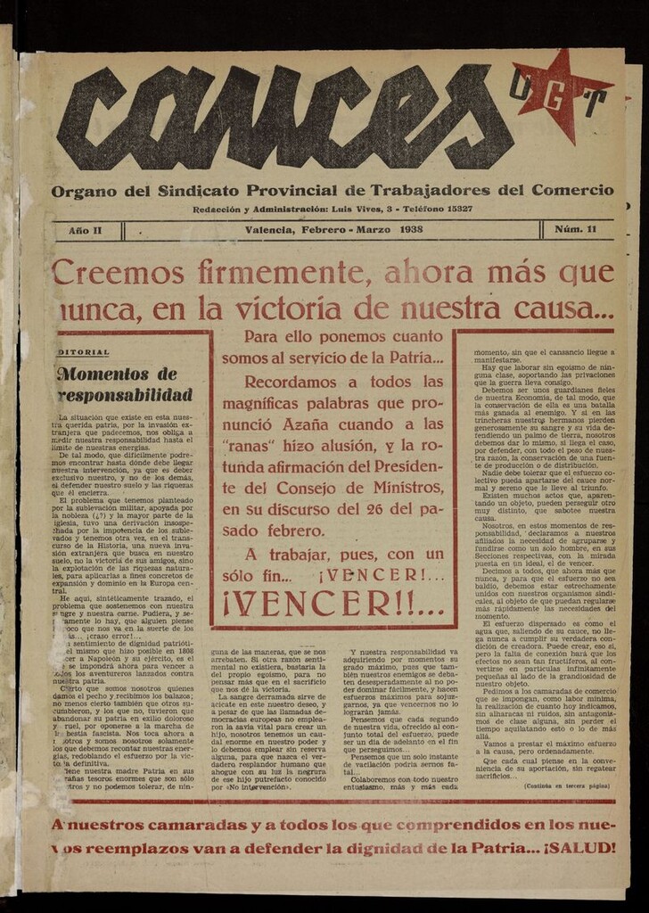 Miniatura de Cauces: Órgano del Sindicato Provincial de Trabajadores del Comercio de febrero-marzo de 1938