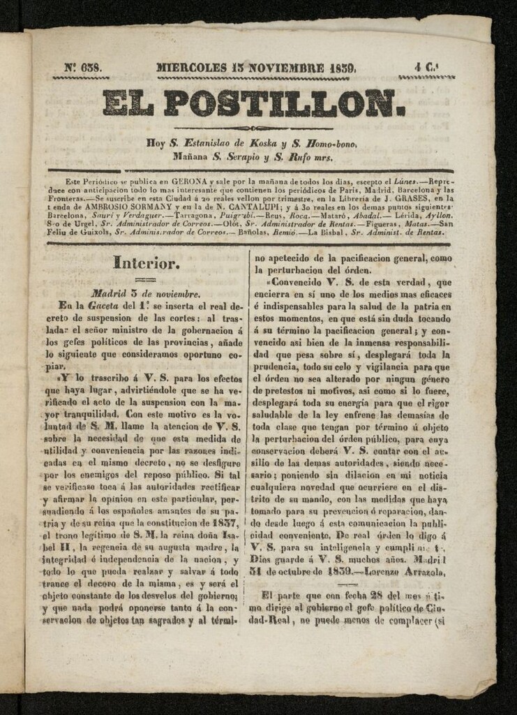 Miniatura de El Postillón del 13 de noviembre de 1839, nº 638