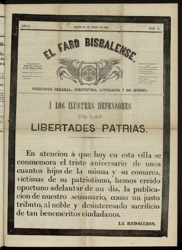 Miniatura de El Faro Bisbalense del 20 de enero de 1866, nº 31