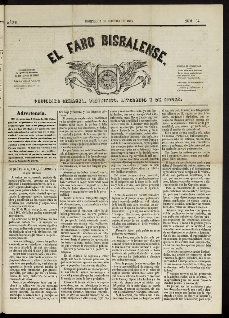 Miniatura de El Faro Bisbalense del 11 de febrero de 1866, nº 34