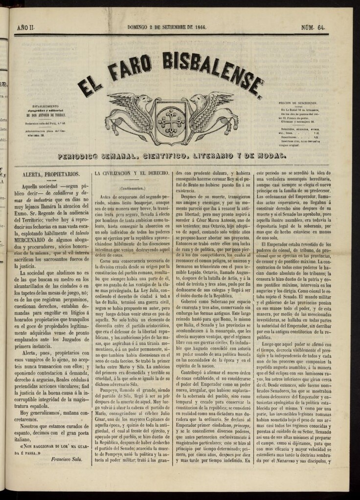 Miniatura de El Faro Bisbalense del 2 de septiembre de 1866, nº 64