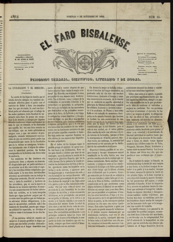 Miniatura de El Faro Bisbalense del 9 de septiembre de 1866, nº 65