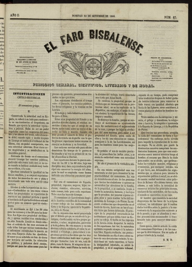Miniatura de El Faro Bisbalense del 23 de septiembre de 1866, nº 67