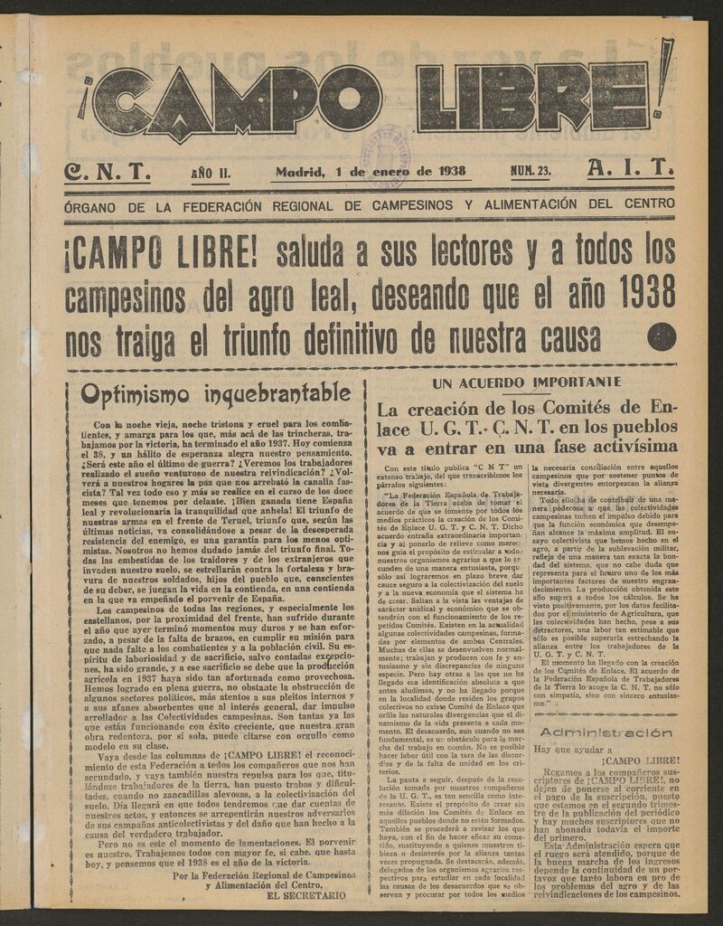Miniatura de ¡Campo Libre! (Madrid, 1937-1938) del 1 de enero de 1938