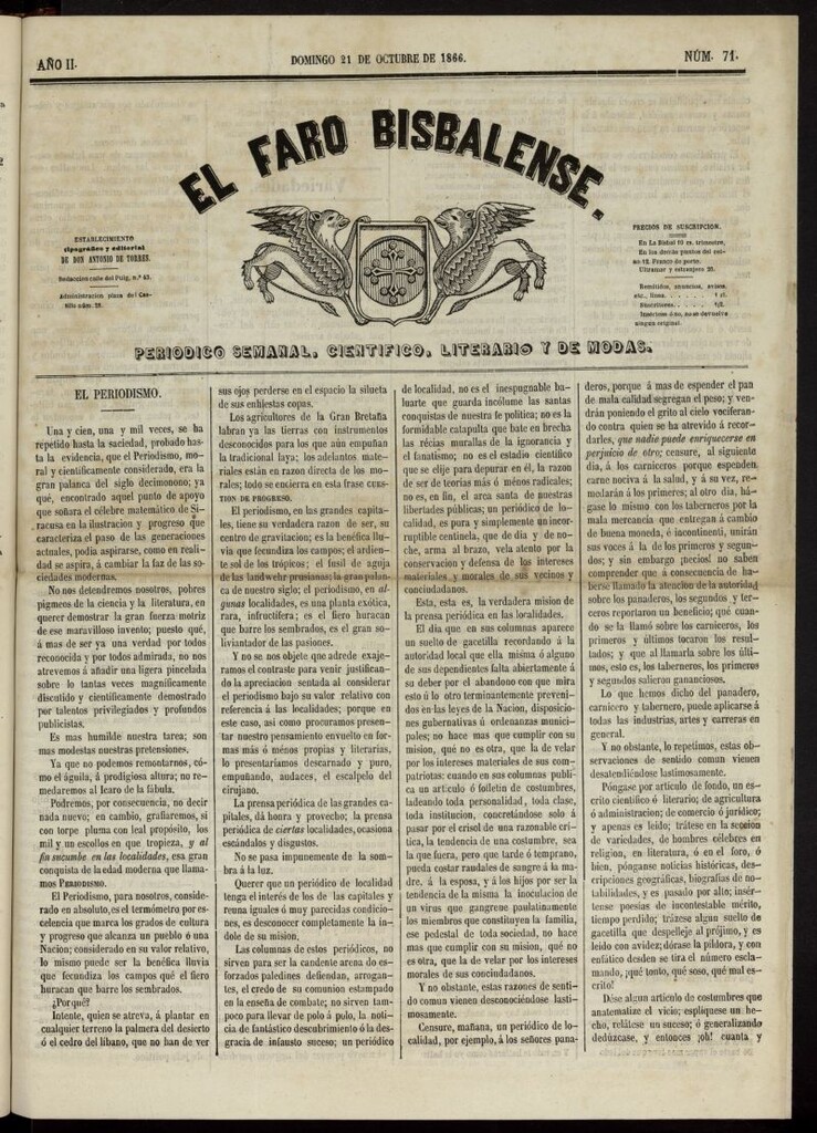 Miniatura de El Faro Bisbalense del 21 de octubre de 1866, nº 71