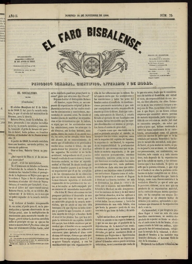 Miniatura de El Faro Bisbalense del 18 de noviembre de 1866, nº 75