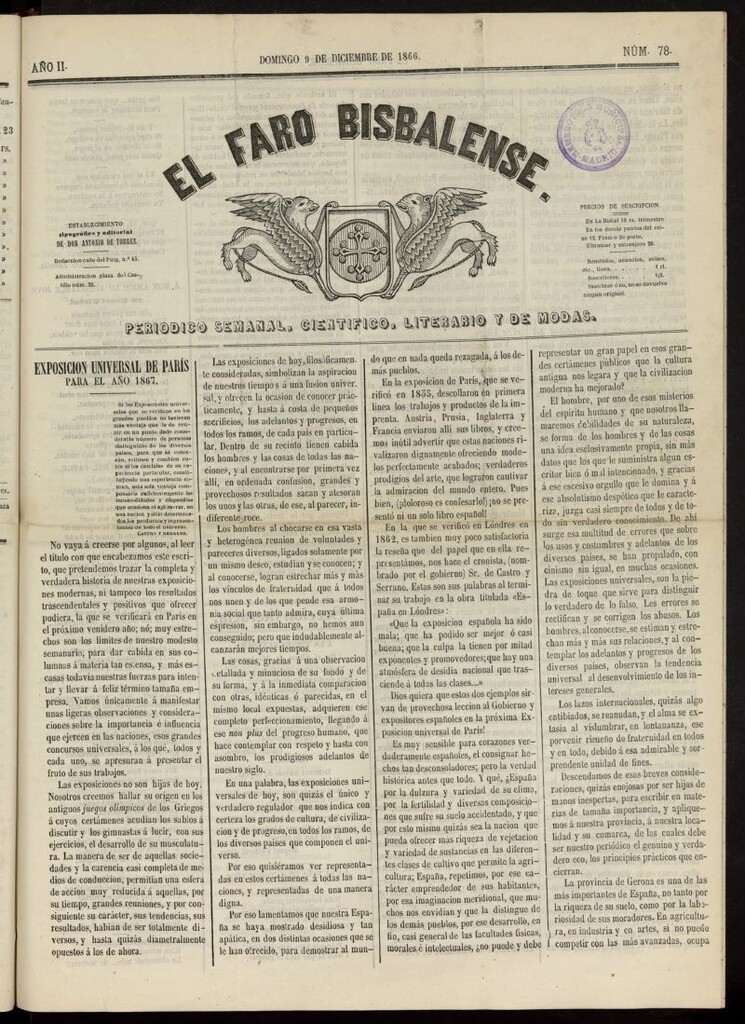 Miniatura de El Faro Bisbalense del 9 de diciembre de 1866, nº 78