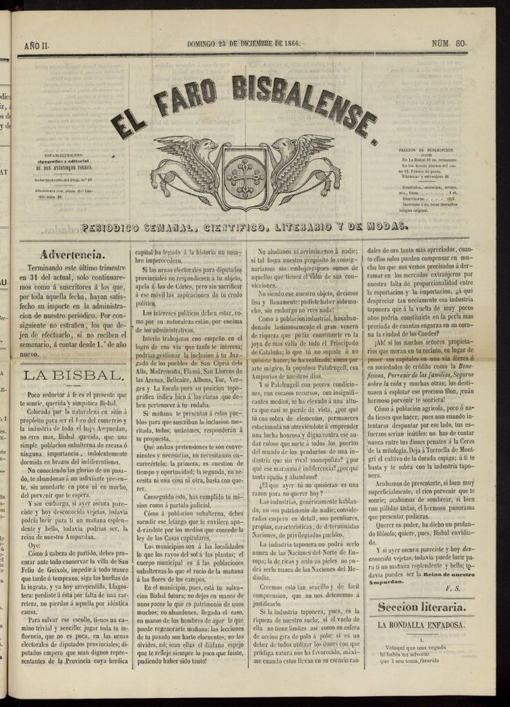 Miniatura de El Faro Bisbalense del 23 de diciembre de 1866, nº 80