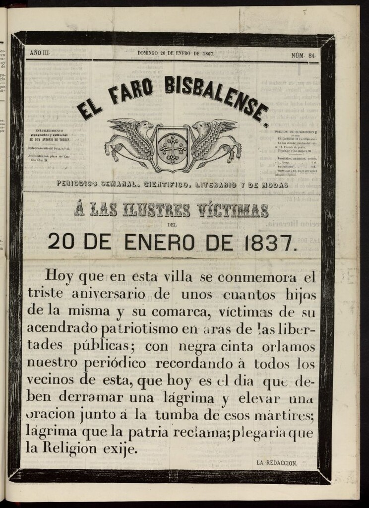 Miniatura de El Faro Bisbalense del 20 de enero de 1867, nº 84