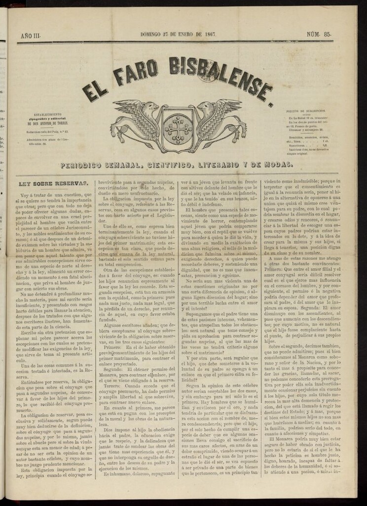 Miniatura de El Faro Bisbalense del 27 de enero de 1867, nº 85