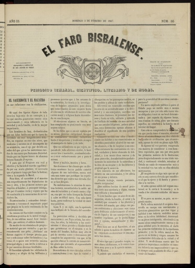 Miniatura de El Faro Bisbalense del 3 de febrero de 1867, nº 86