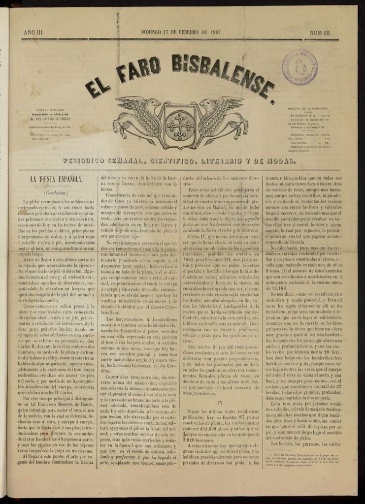 Miniatura de El Faro Bisbalense del 17 de febrero de 1867, nº 88