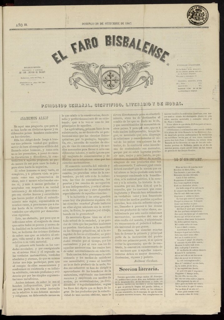 Miniatura de El Faro Bisbalense del 29 de septiembre de 1867, nº 119