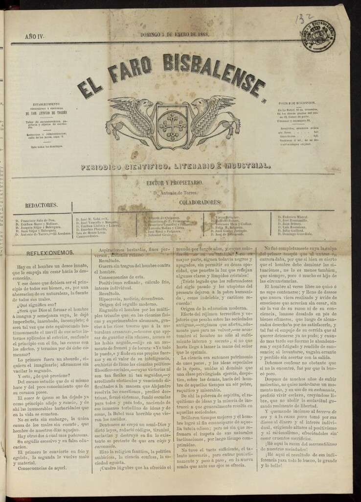 Miniatura de El Faro Bisbalense del 5 de enero de 1868, nº 132