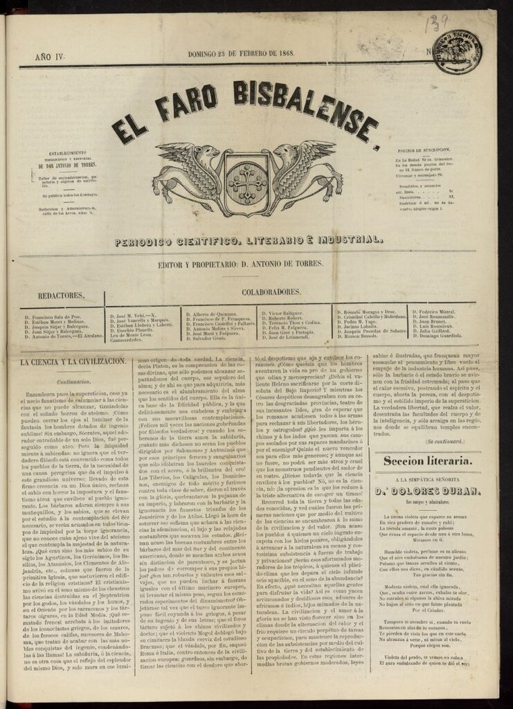 Miniatura de El Faro Bisbalense del 23 de febrero de 1868, nº 139