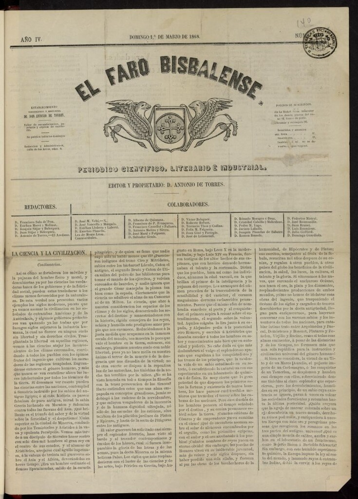 Miniatura de El Faro Bisbalense del 1 de marzo de 1868, nº 140