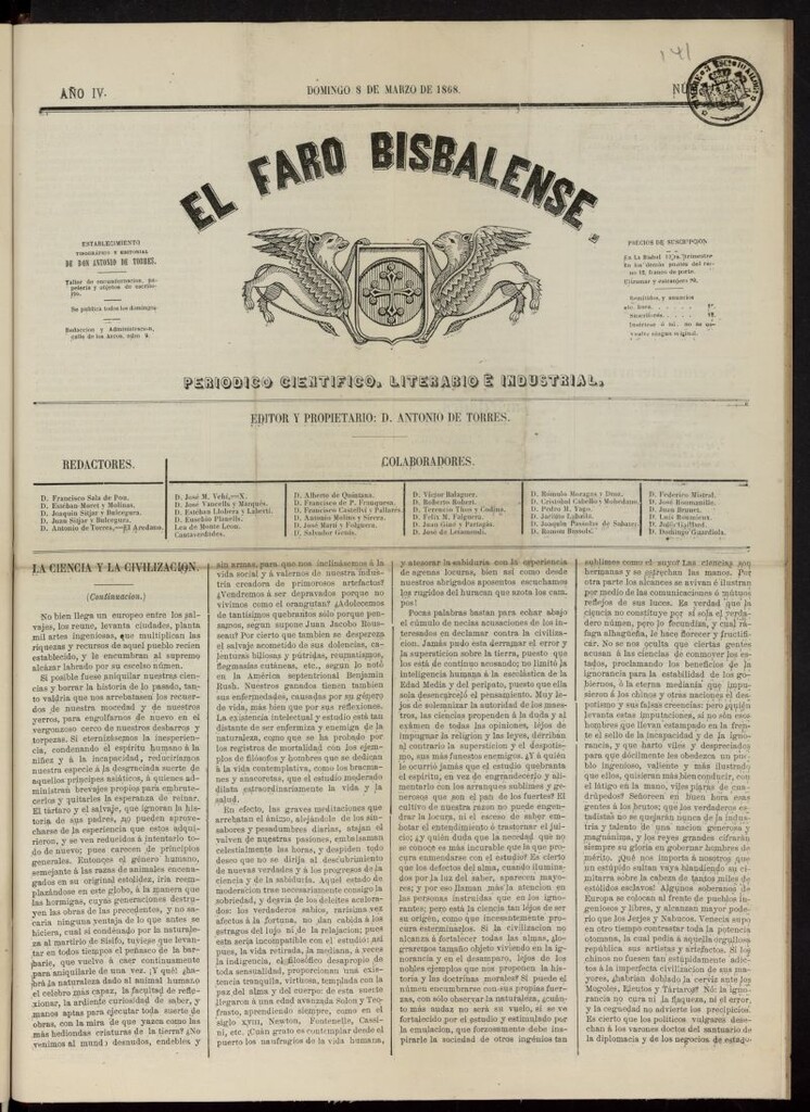 Miniatura de El Faro Bisbalense del 8 de marzo de 1868, nº 141