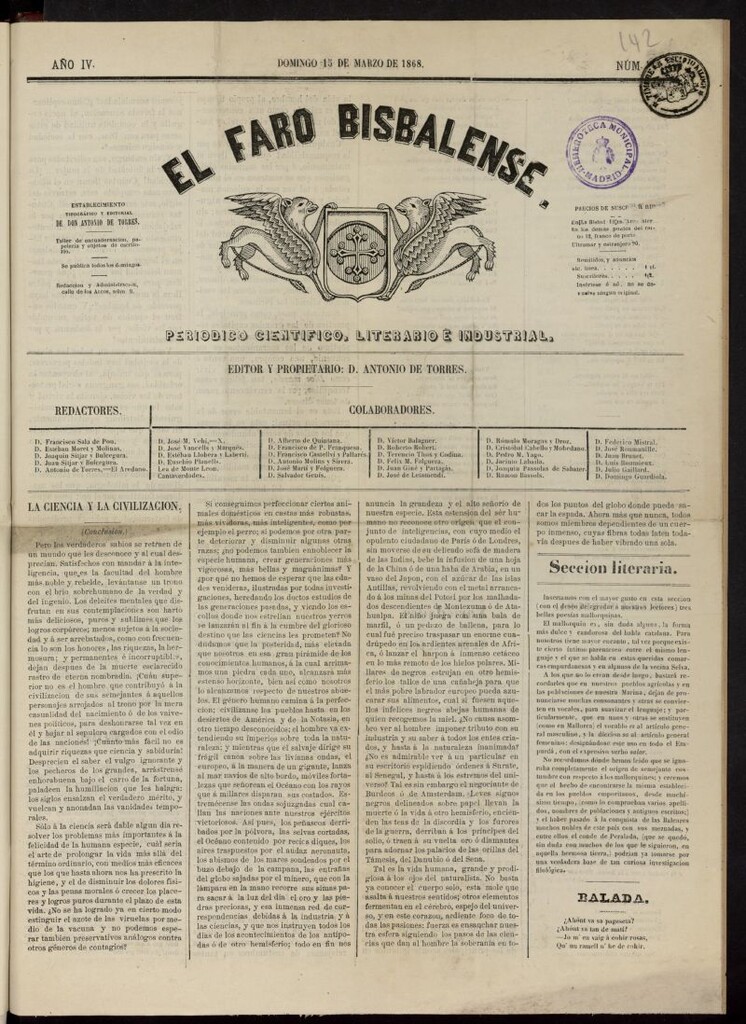 Miniatura de El Faro Bisbalense del 15 de marzo de 1868, nº 142
