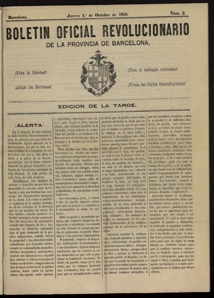 Miniatura de Boletín Oficial Revolucionario de la Provincia de Barcelona del 1 de octubre de 1868, nº 2, ed. tarde