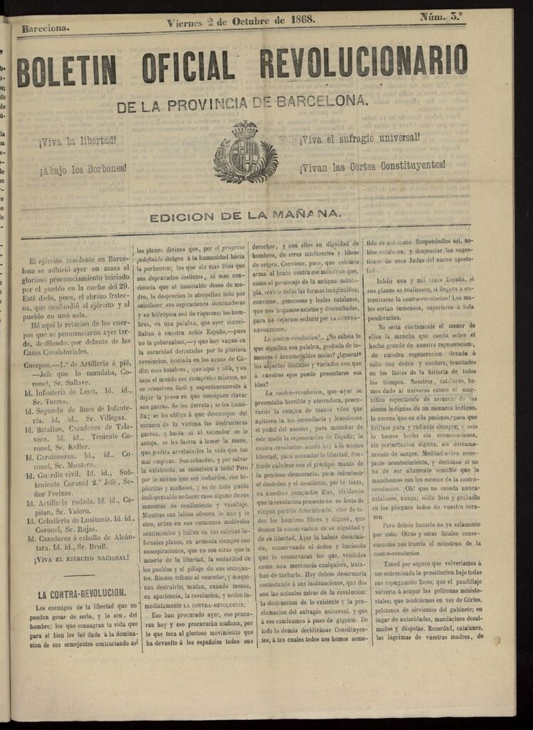 Miniatura de Boletín Oficial Revolucionario de la Provincia de Barcelona del 2 de octubre de 1868, nº 3, ed. de la mañana
