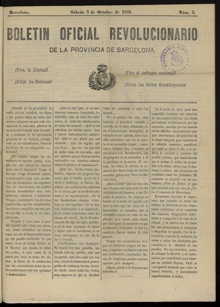 Miniatura de Boletín Oficial Revolucionario de la Provincia de Barcelona del 3 de octubre de 1868, nº 5