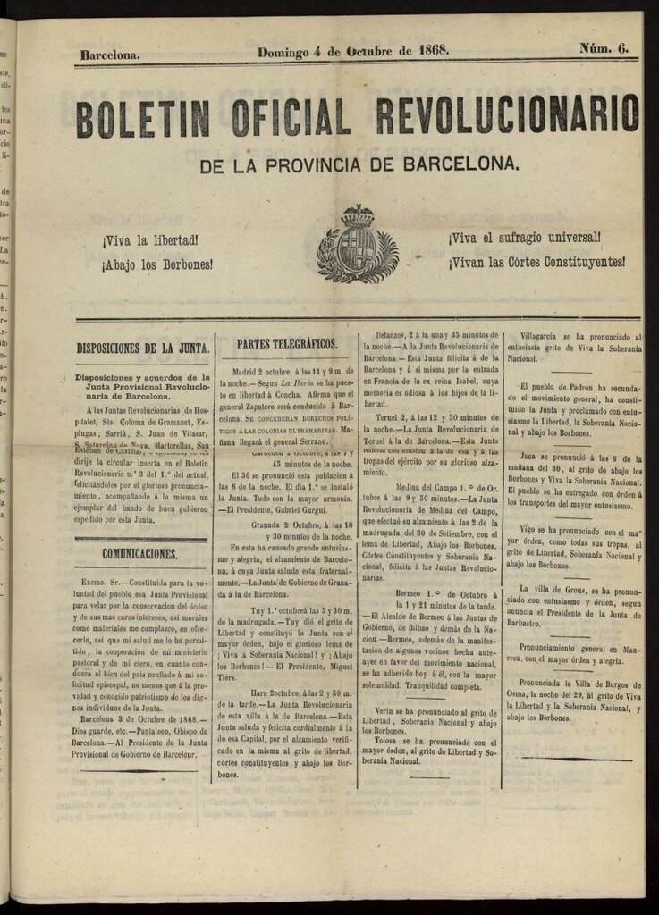 Miniatura de Boletín Oficial Revolucionario de la Provincia de Barcelona del 4 de octubre de 1868, nº 6