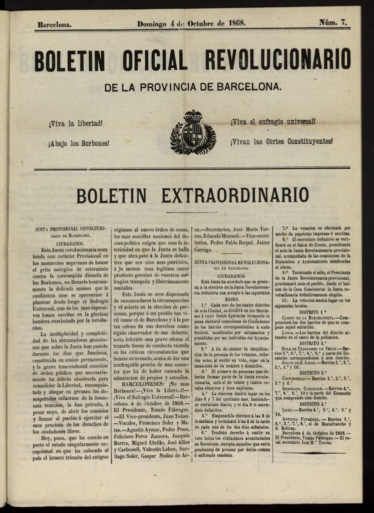 Miniatura de Boletín Oficial Revolucionario de la Provincia de Barcelona del 4 de octubre de 1868, nº 7, extraordinario