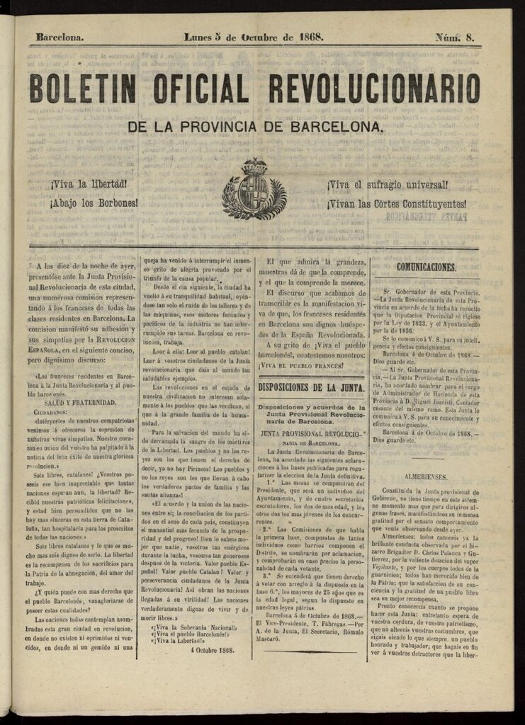 Miniatura de Boletín Oficial Revolucionario de la Provincia de Barcelona del 5 de octubre de 1868, nº 8