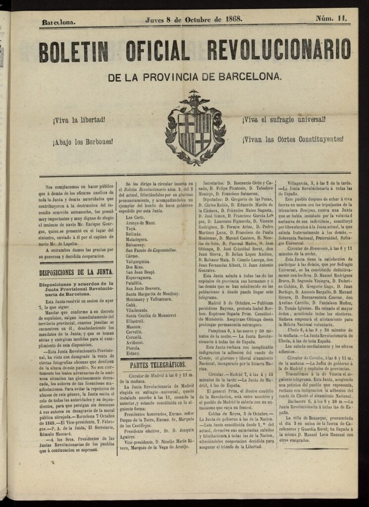 Miniatura de Boletín Oficial Revolucionario de la Provincia de Barcelona del 8 de octubre de 1868, nº 11