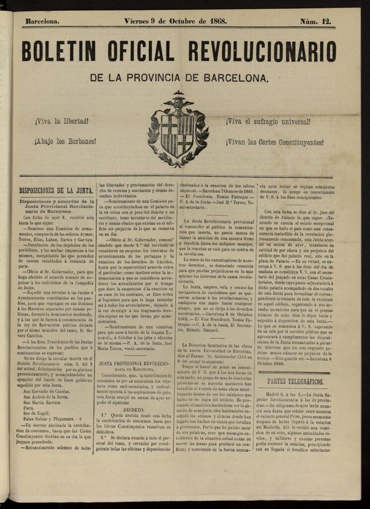 Miniatura de Boletín Oficial Revolucionario de la Provincia de Barcelona del 9 de octubre de 1868, nº 12