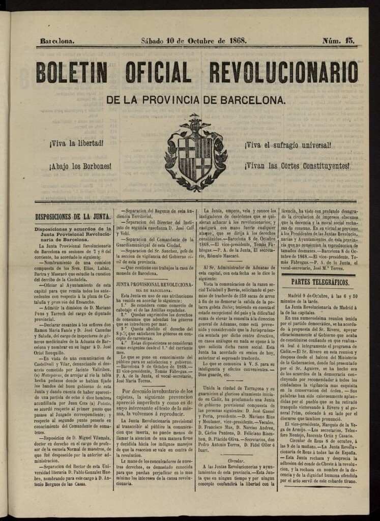 Miniatura de Boletín Oficial Revolucionario de la Provincia de Barcelona del 10 de octubre de 1868, nº 13