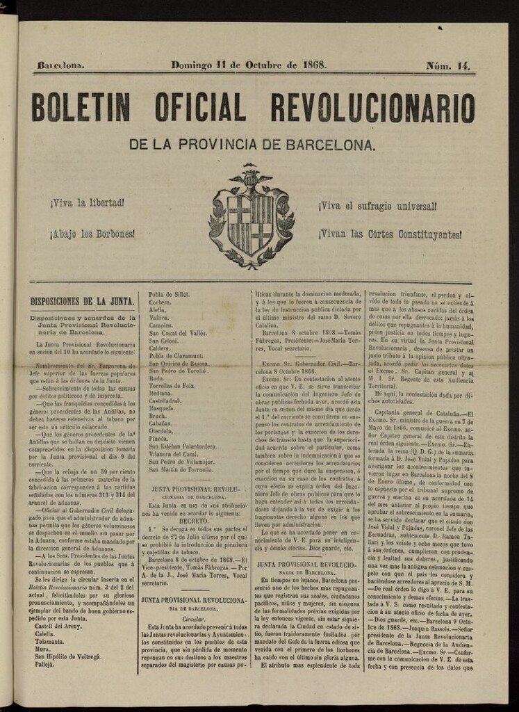 Miniatura de Boletín Oficial Revolucionario de la Provincia de Barcelona del 11 de octubre de 1868, nº 14