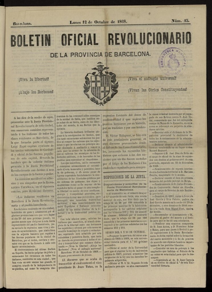 Miniatura de Boletín Oficial Revolucionario de la Provincia de Barcelona del 12 de octubre de 1868, nº 15