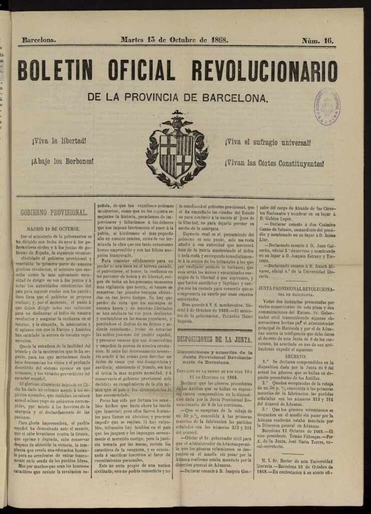 Miniatura de Boletín Oficial Revolucionario de la Provincia de Barcelona del 13 de octubre de 1868, nº 16