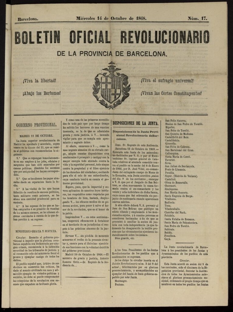 Miniatura de Boletín Oficial Revolucionario de la Provincia de Barcelona el 14 de octubre de 1868, nº 17