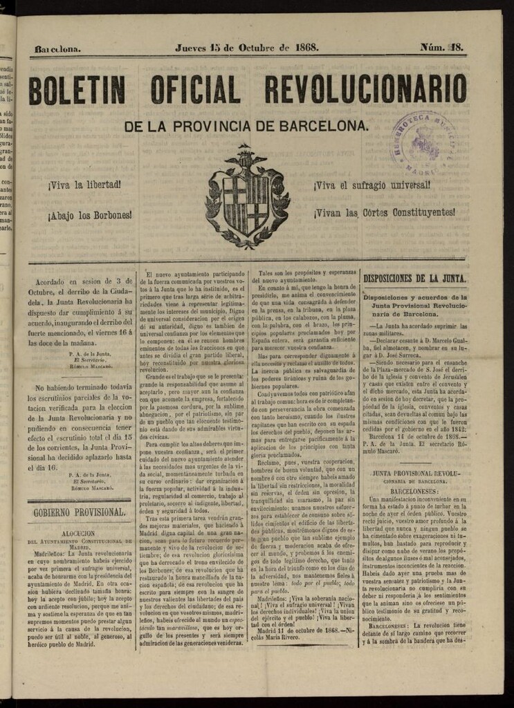 Miniatura de Boletín Oficial Revolucionario de la Provincia de Barcelona del 15 de octubre de 1868, nº 18