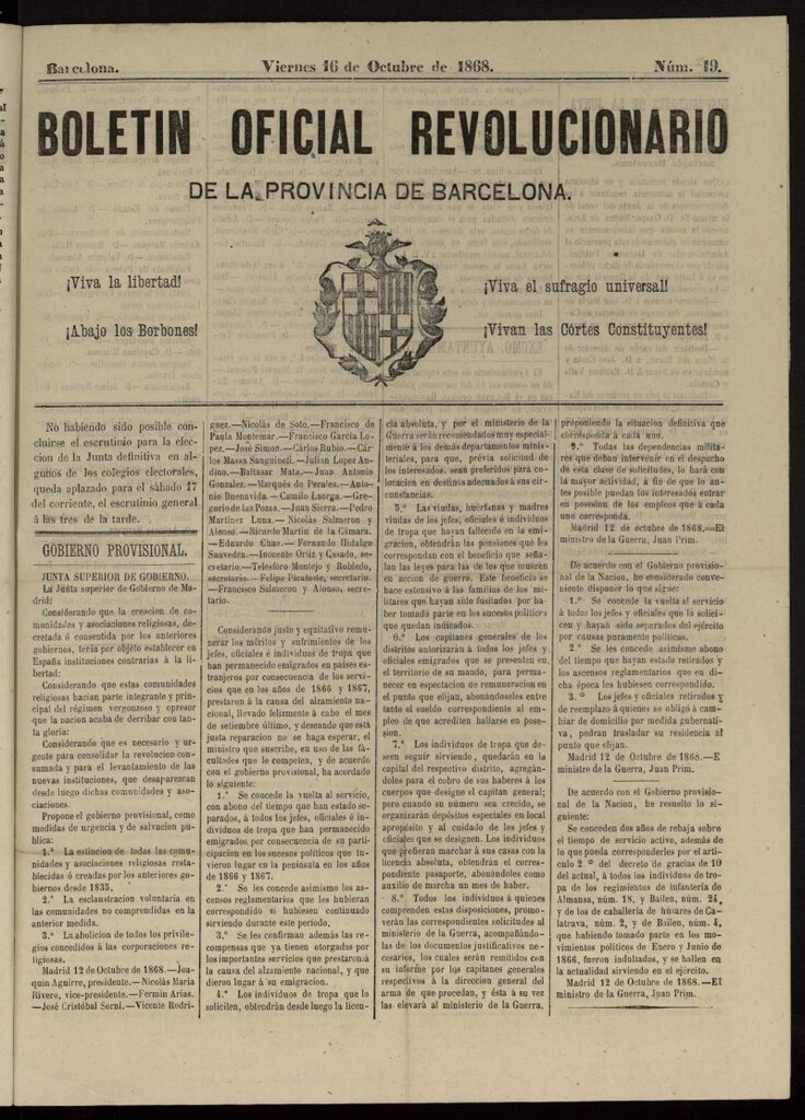 Miniatura de Boletín Oficial Revolucionario de la Provincia de Barcelona del 16 de octubre de 1868, nº 19