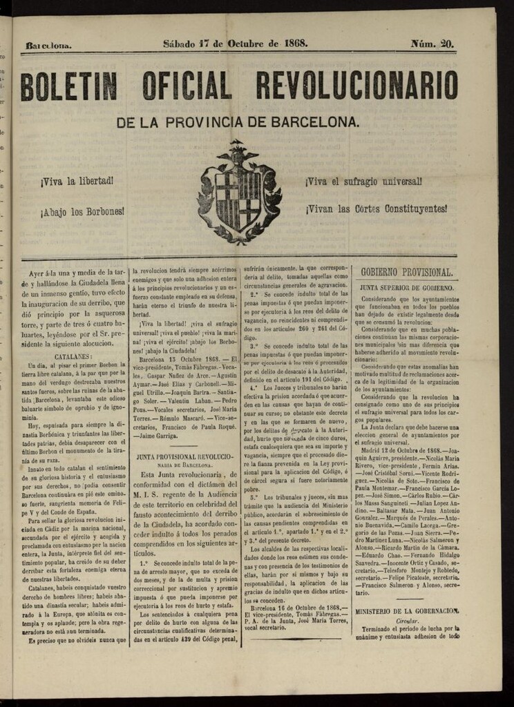 Miniatura de Boletín Oficial Revolucionario de la Provincia de Barcelona del 17 de octubre de 1868, nº 20