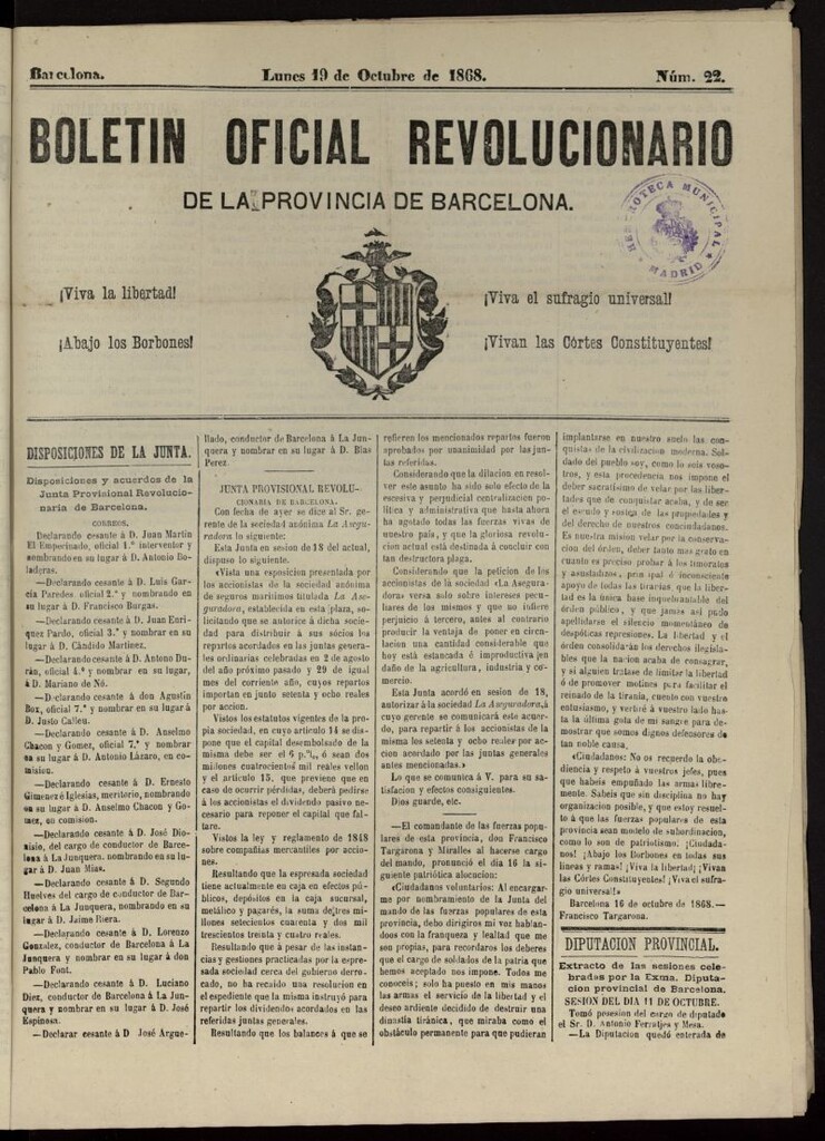 Miniatura de Boletín Oficial Revolucionario de la Provincia de Barcelona del 19 de octubre de 1868,  nº 22