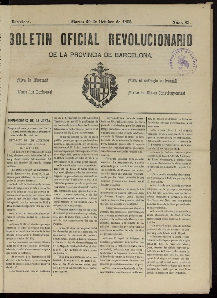 Miniatura de Boletín Oficial Revolucionario de la Provincia de Barcelona del 20 de octubre de 1868, nº 23