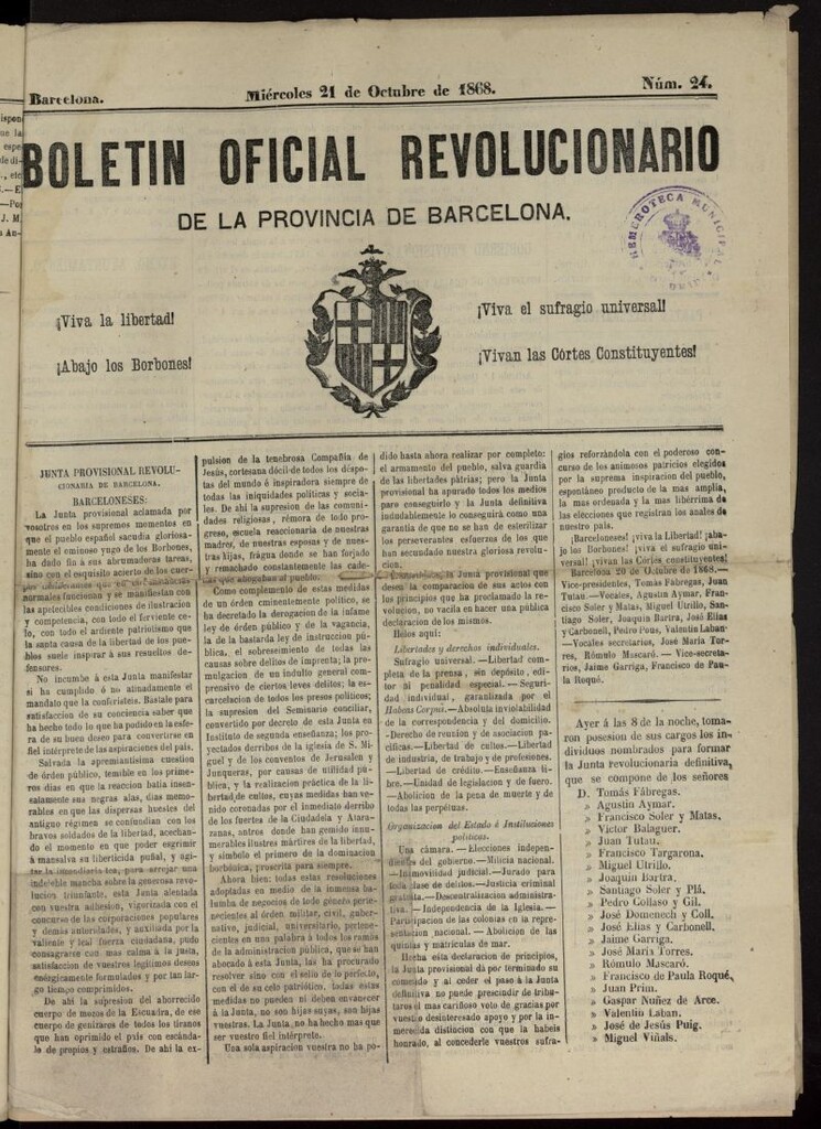 Miniatura de Boletín Oficial Revolucionario de la Provincia de Barcelona del 21 de octubre de 1868, nº 24