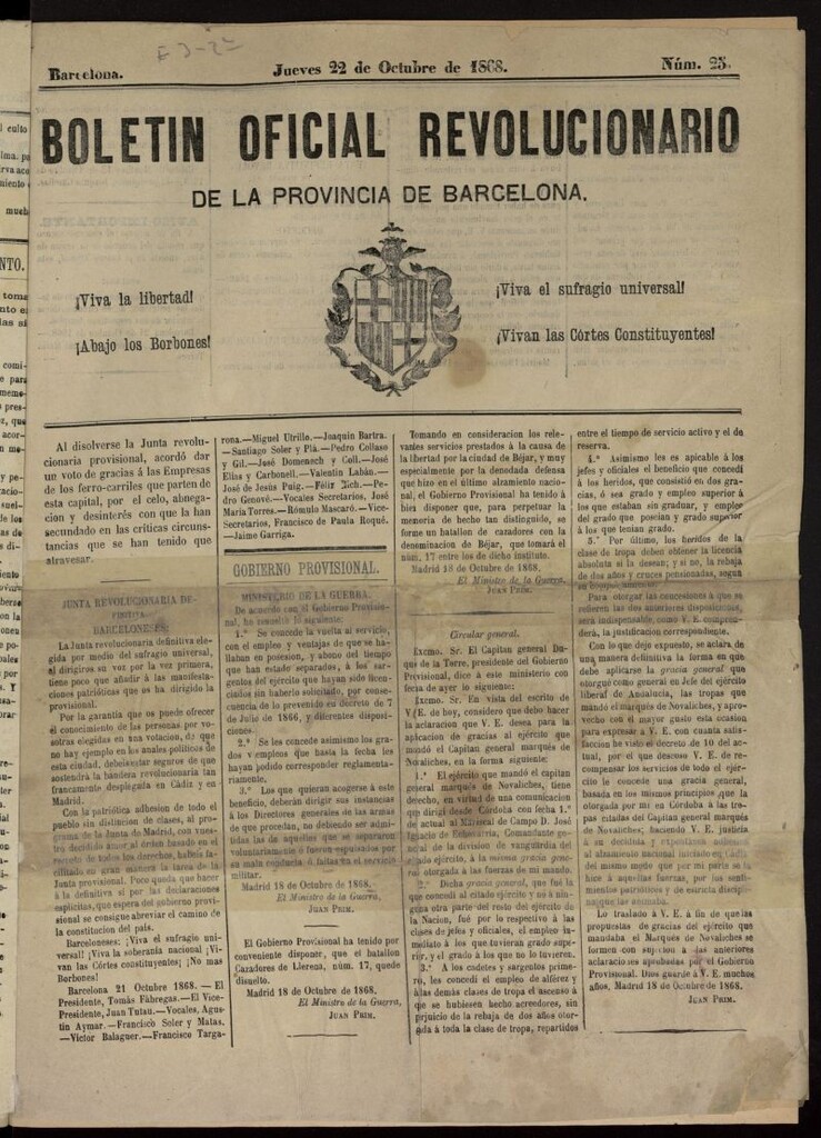 Miniatura de Boletín Oficial Revolucionario de la Provincia de Barcelona del 22 de octubre de 1868, nº 25