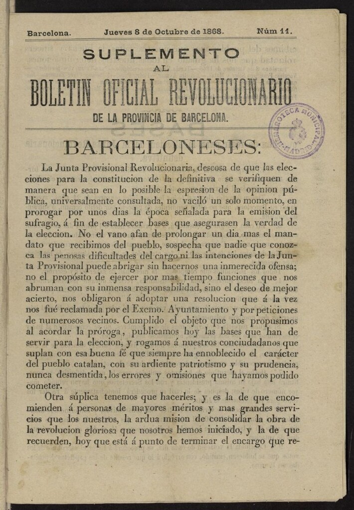 Miniatura de Boletín Oficial Revolucionario de la Provincia de Barcelona del 8 de octubre de 1868, suplemento al nº 11