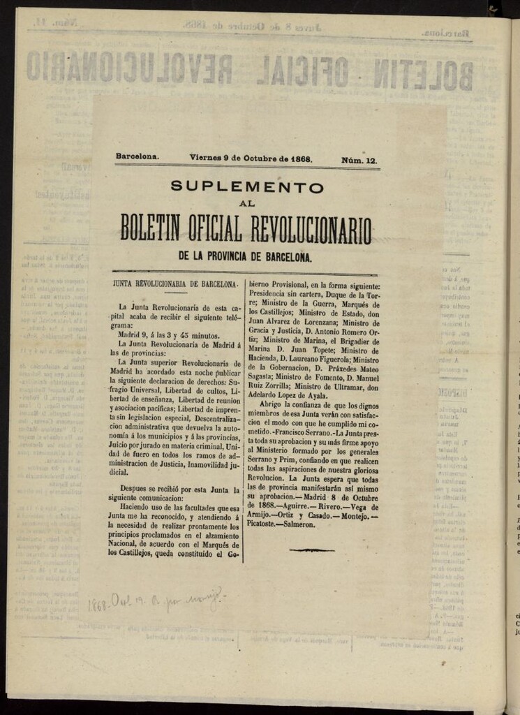 Miniatura de Boletín Oficial Revolucionario de la Provincia de Barcelona del 9 de octubre de 1868, suplemento al nº 12