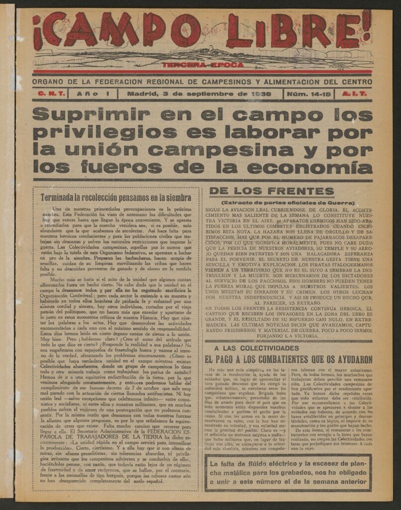 Miniatura de ¡Campo Libre! (Madrid, 1937-1938) del 3 de septiembre de 1938