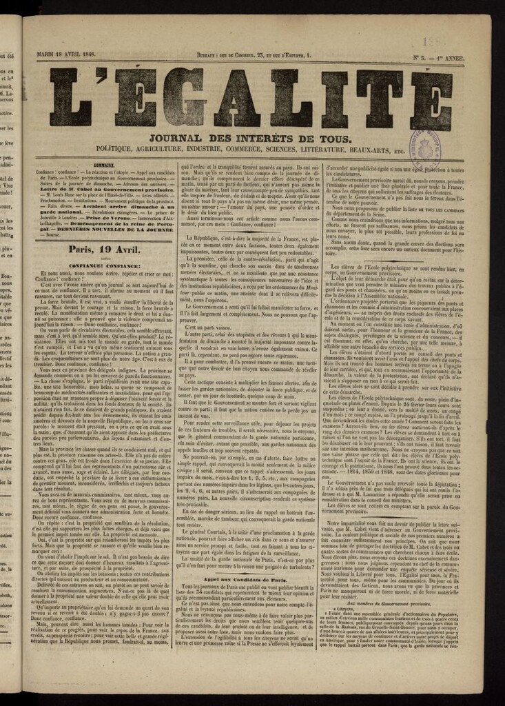 Miniatura de L´Egalité: journal des intéréts de tous del 18 de abril de 1848, nº 3