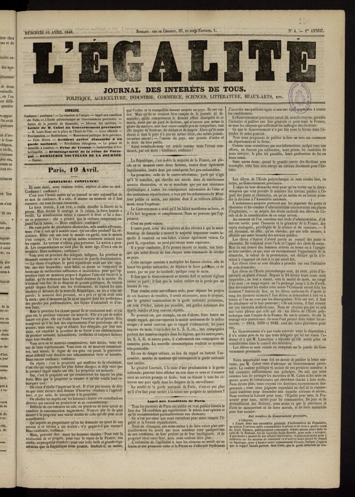 Miniatura de L´Egalité: journal des intéréts de tous del 19 de abril de 1848, nº 4